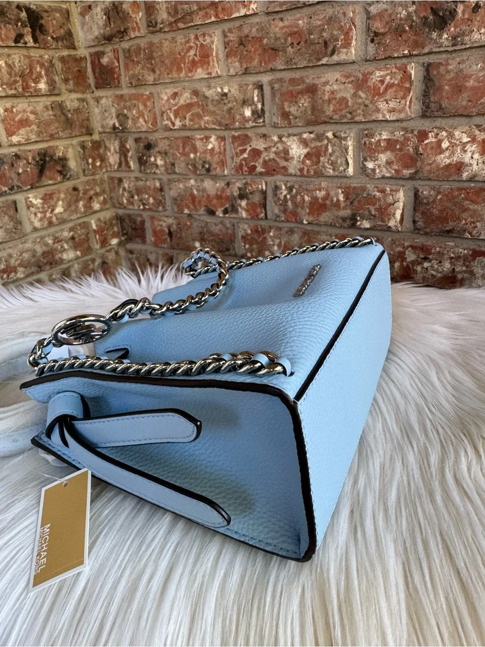 Michael Kors Blue Leather Chain-Accent Shoulder Bag